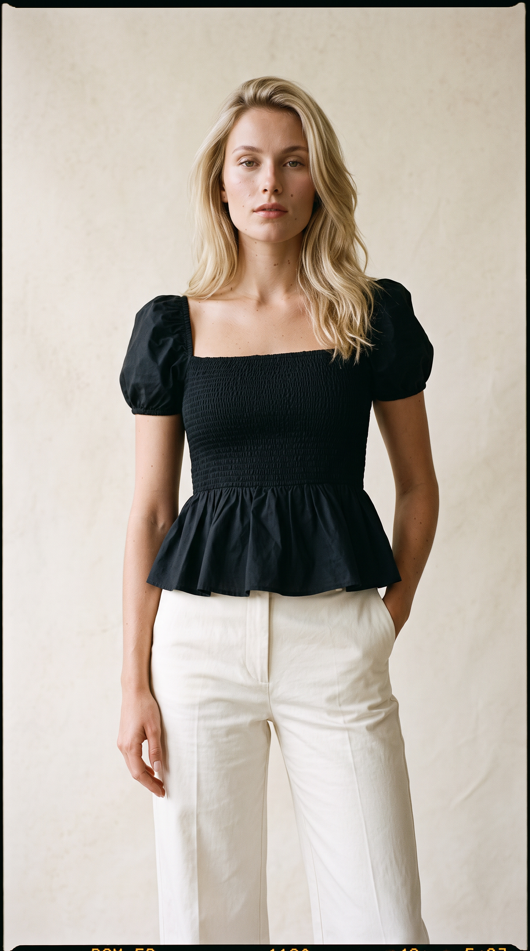 Sera – Cotton Poplin Puff Sleeve Peplum Blouse Top In Black