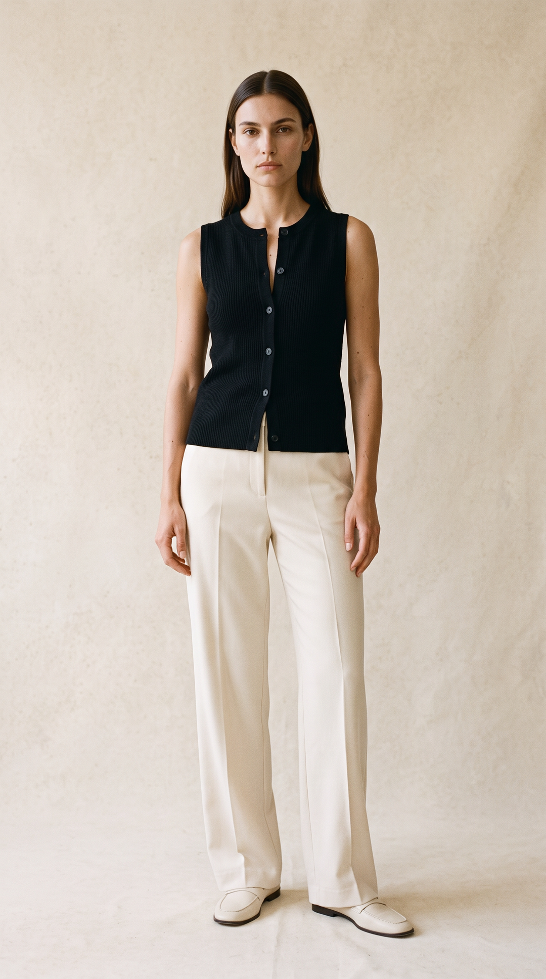 Bezla - Button Front Sleeveless Knit Vest Top In Black