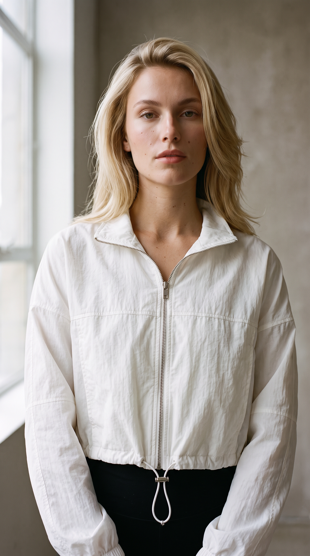 Courtside – Lightweight Cropped Sport Zip Active Jacket In White