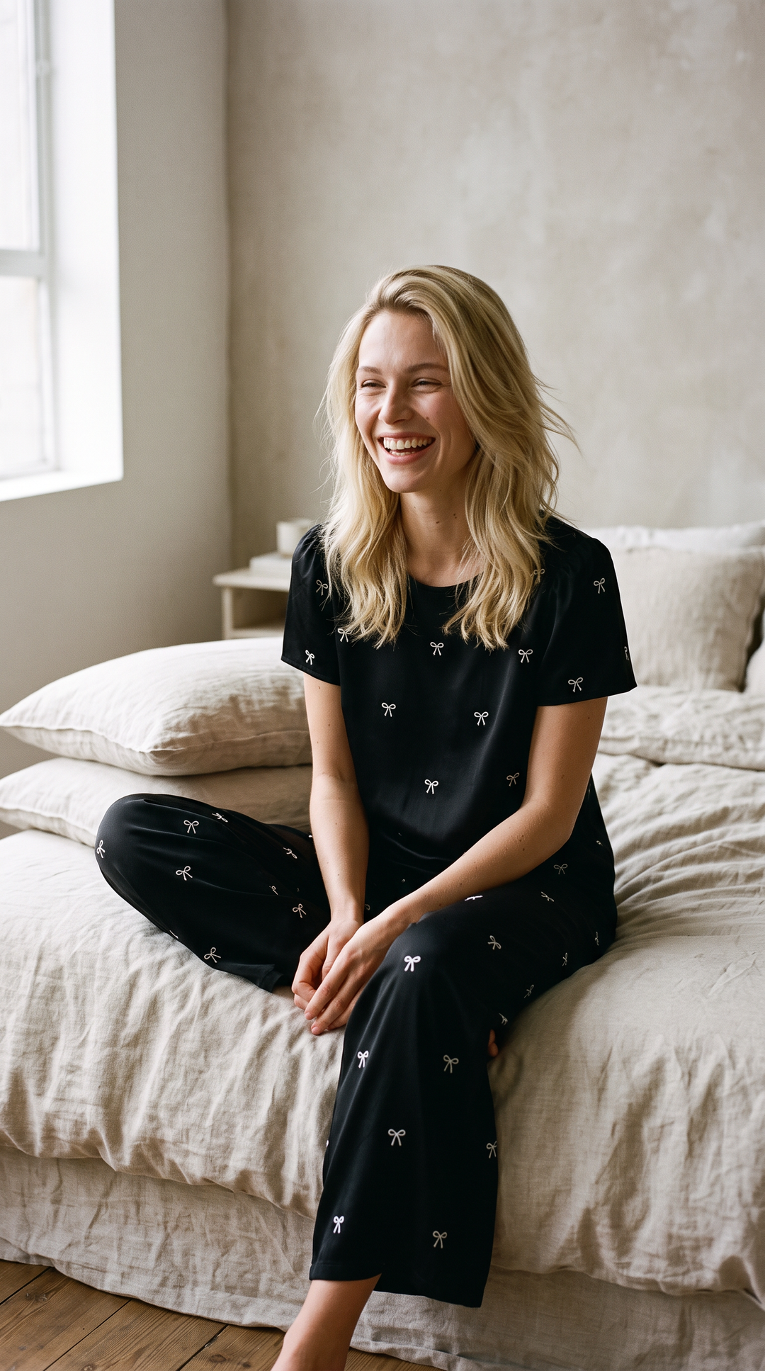Bows PJ’s - Silky Printed Pajamas Set 2PC In Black Bows