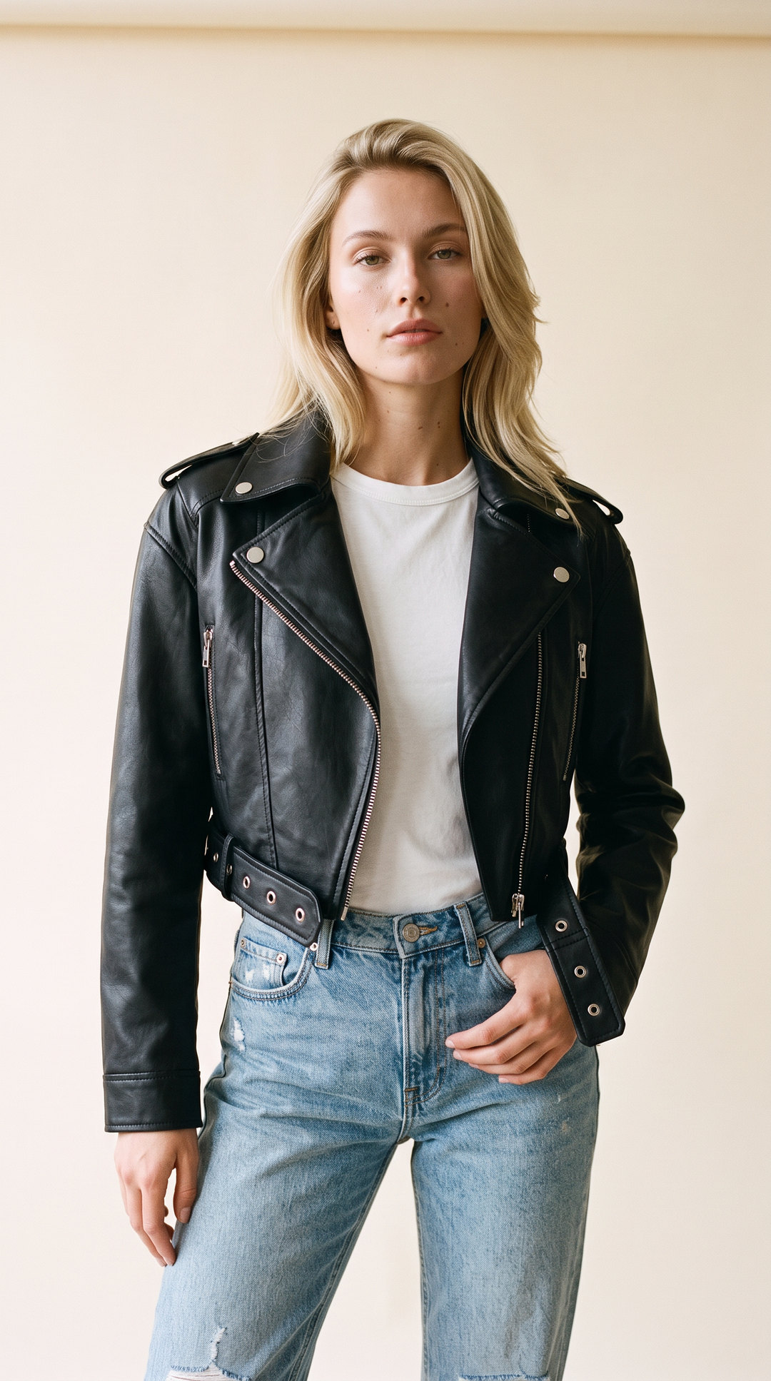 Zoe - Cropped Moto Jacket In Black Vegan Leather