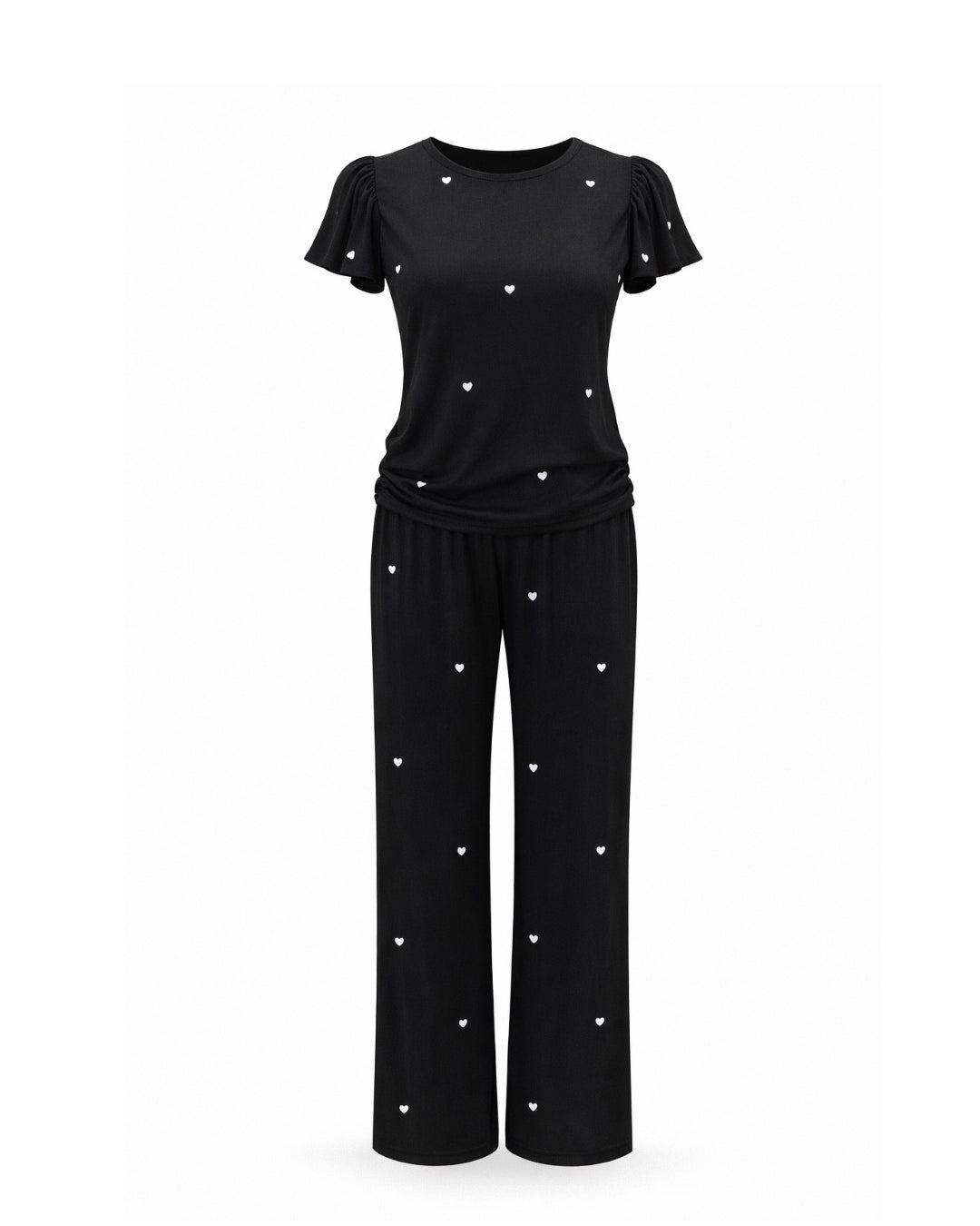 Heartfull satin pajama set in black hearts – luxe satin PJ set by PRIV the Brand