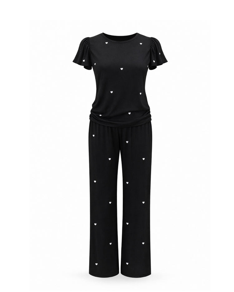 Heartfull satin pajama set in black hearts – luxe satin PJ set by PRIV the Brand