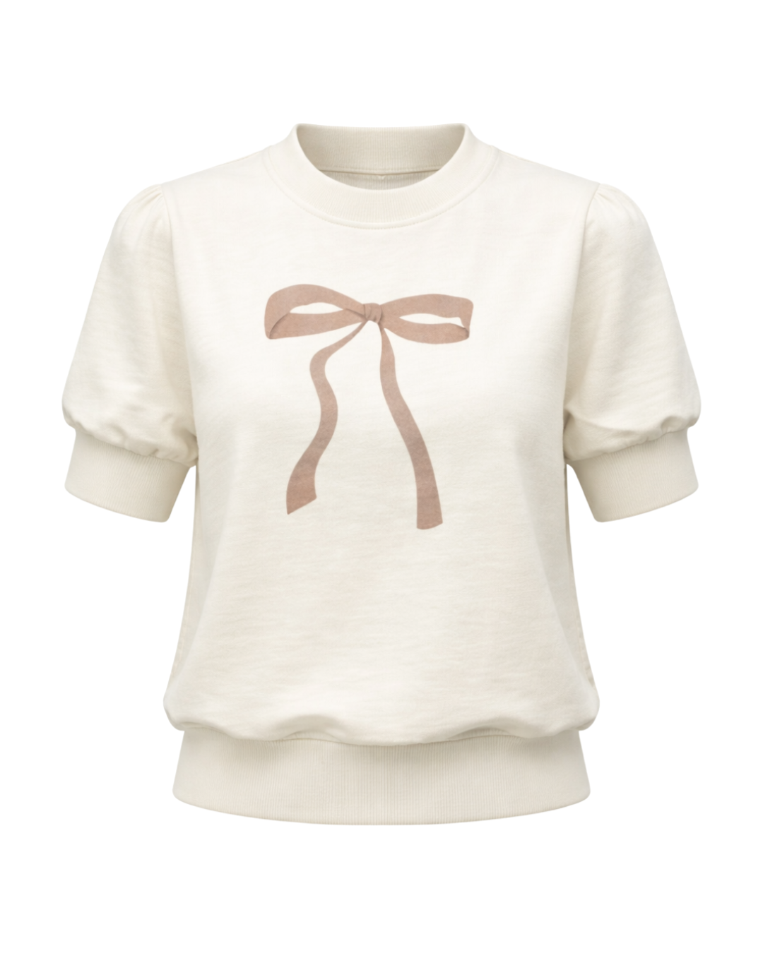 Esme - Light Fleece Puff Short Sleeve Top In Cream Bow