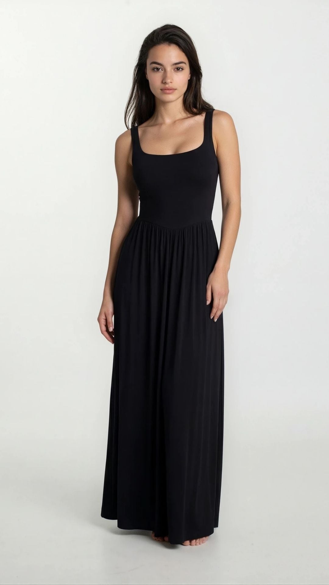 Dawn – Sleeveless Silky Jersey Flowing Maxi Dress In Black
