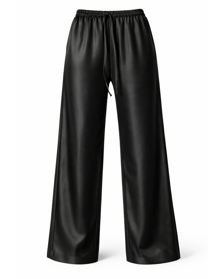 Lillian pleated pull-on satin trouser in black – elegant satin pant by PRIV the Brand