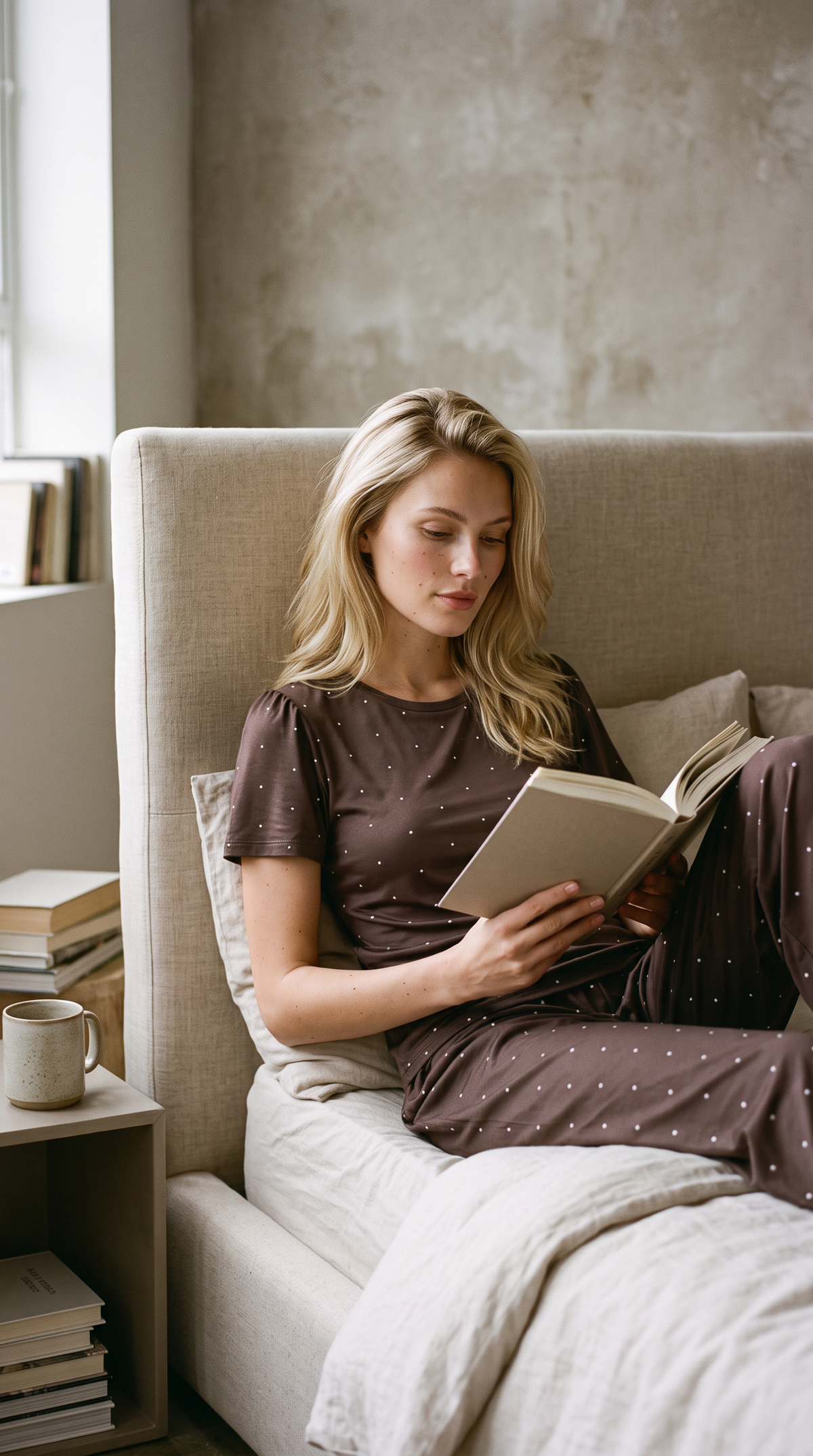 Polka dot PJ set espresso – detail view – PRIV the Brand