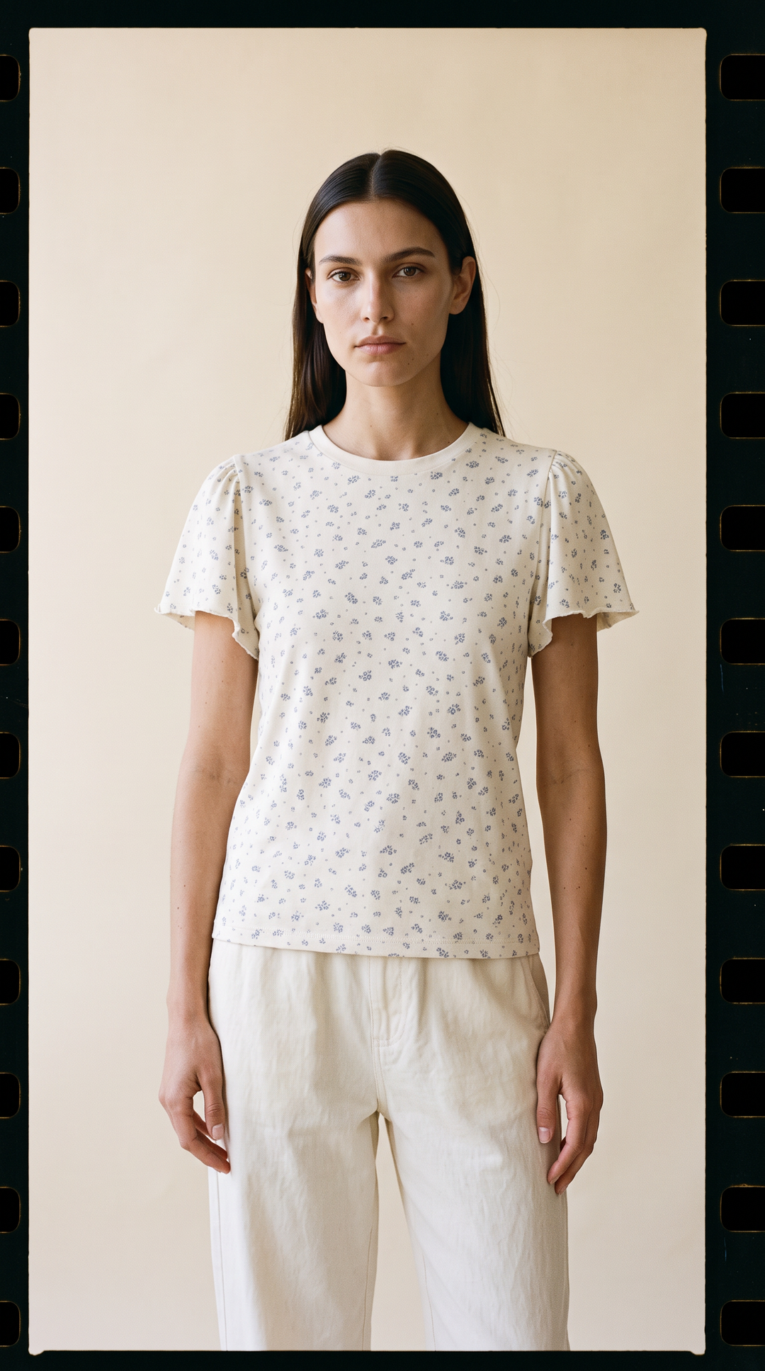 Colette - Ruffle Sleeve Soft Printed Everyday Cotton T-Shirt Blue Floral