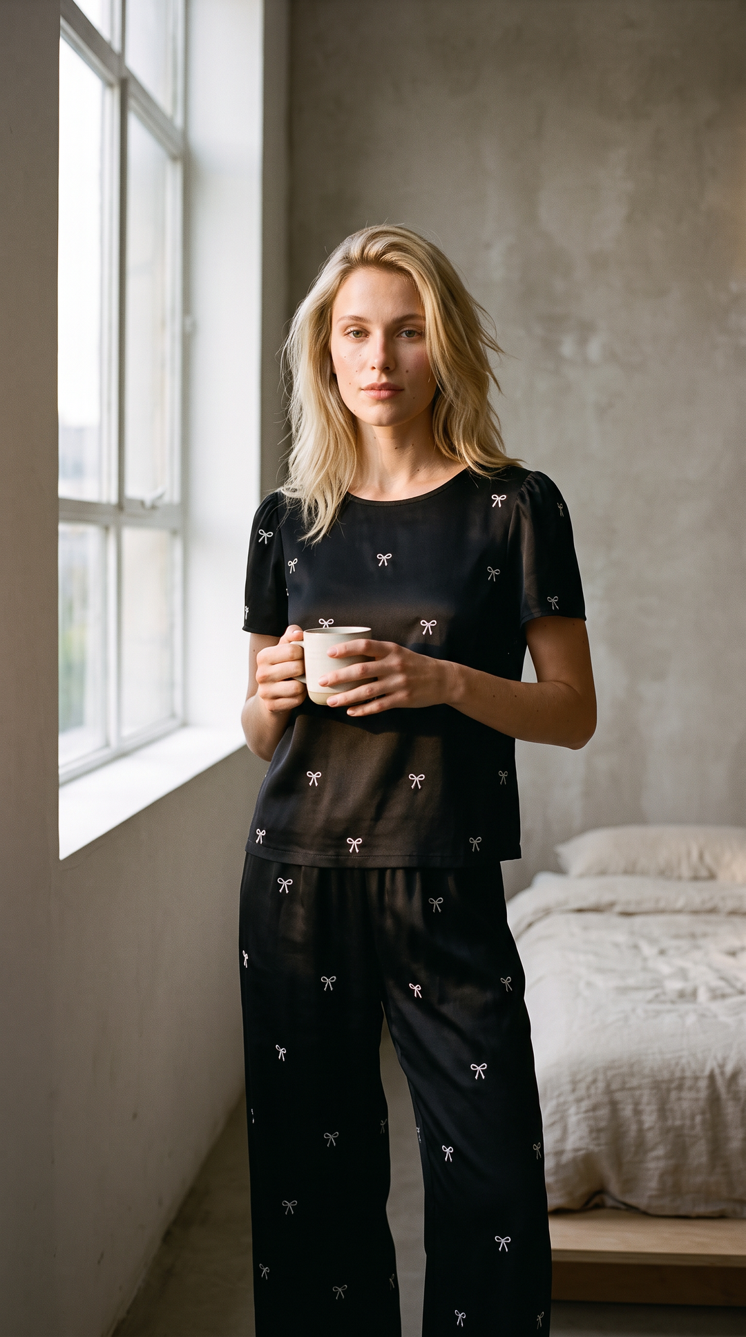 Bows PJ’s - Silky Printed Pajamas Set 2PC In Black Bows
