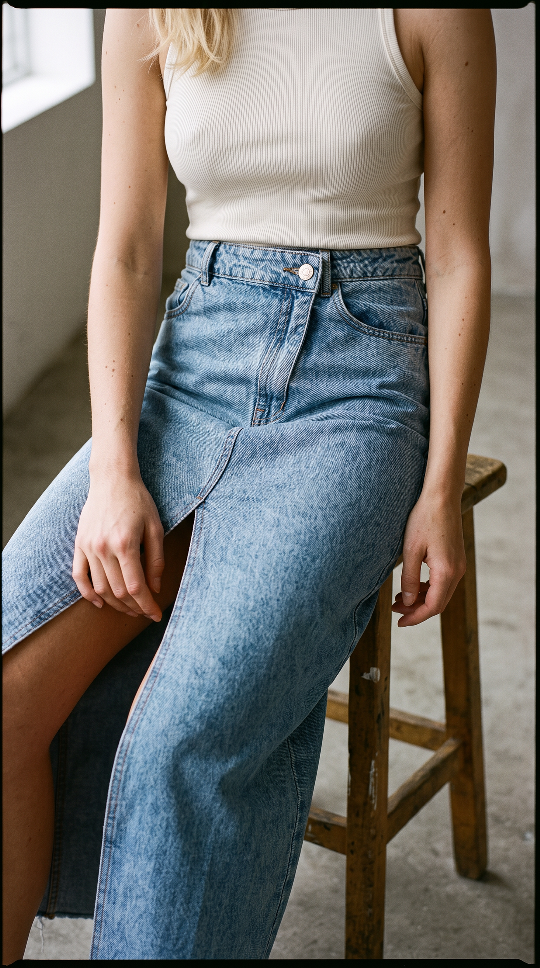 Jana skirt medium blue – lifestyle shot – PRIV the Brand