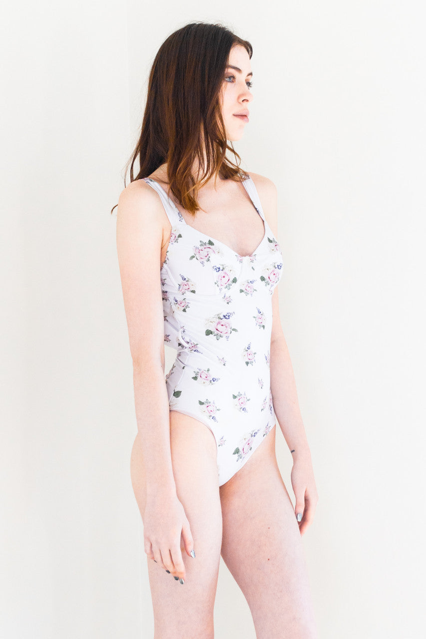 Bonica Tie Waist One Piece Swimsuit in White Floral