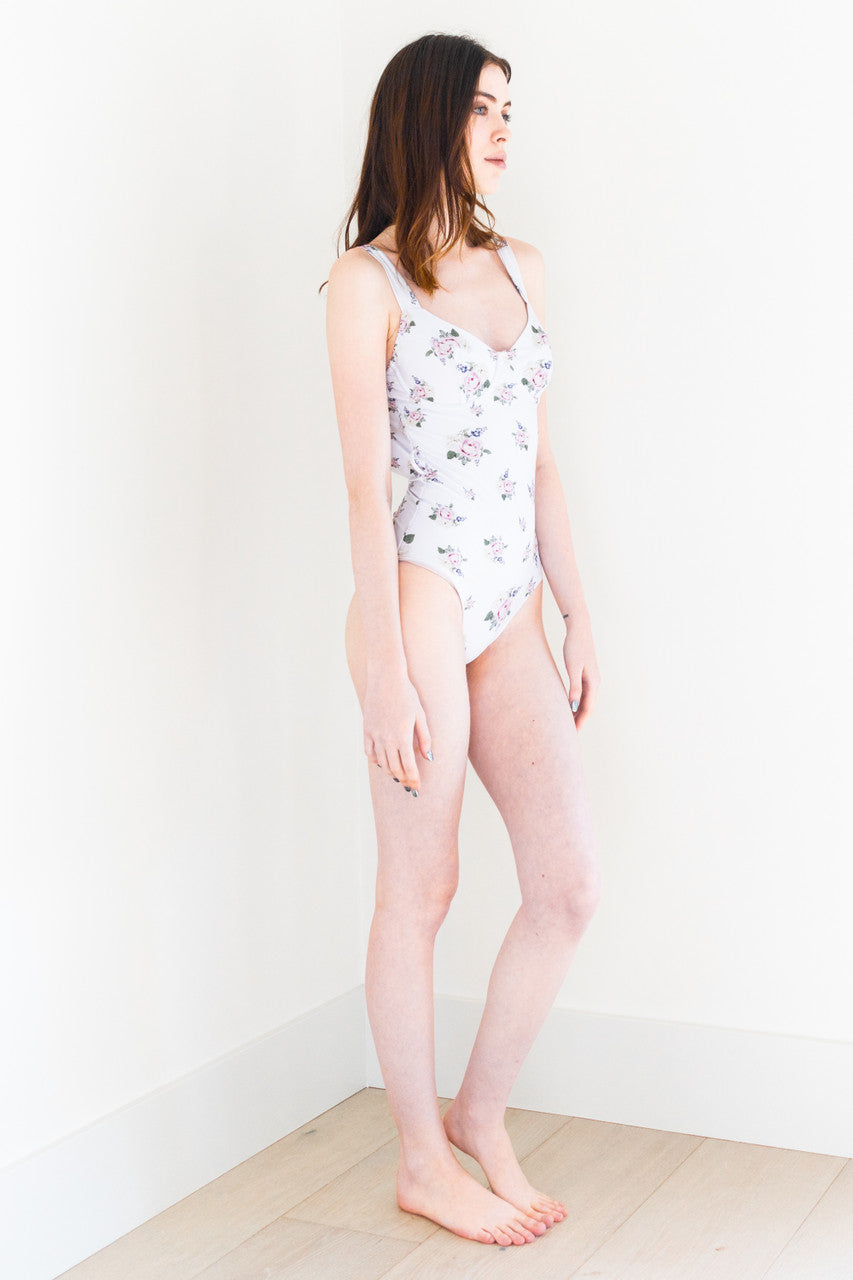 Bonica Tie Waist One Piece Swimsuit in White Floral