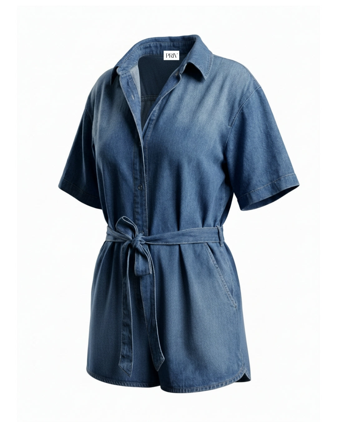 Callie – Belted Utility Short Sleeve Romper Denim