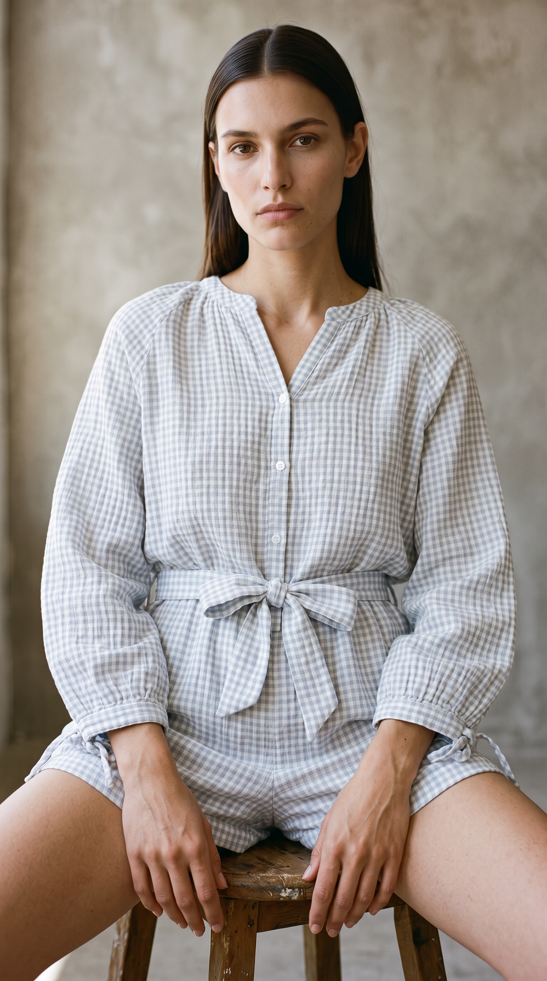 Tawny - Long Sleeve Button Front Belted Romper In Blue Gingham