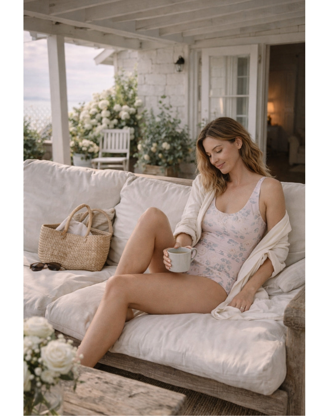 Lily One Piece Swimsuit in White Rose Print