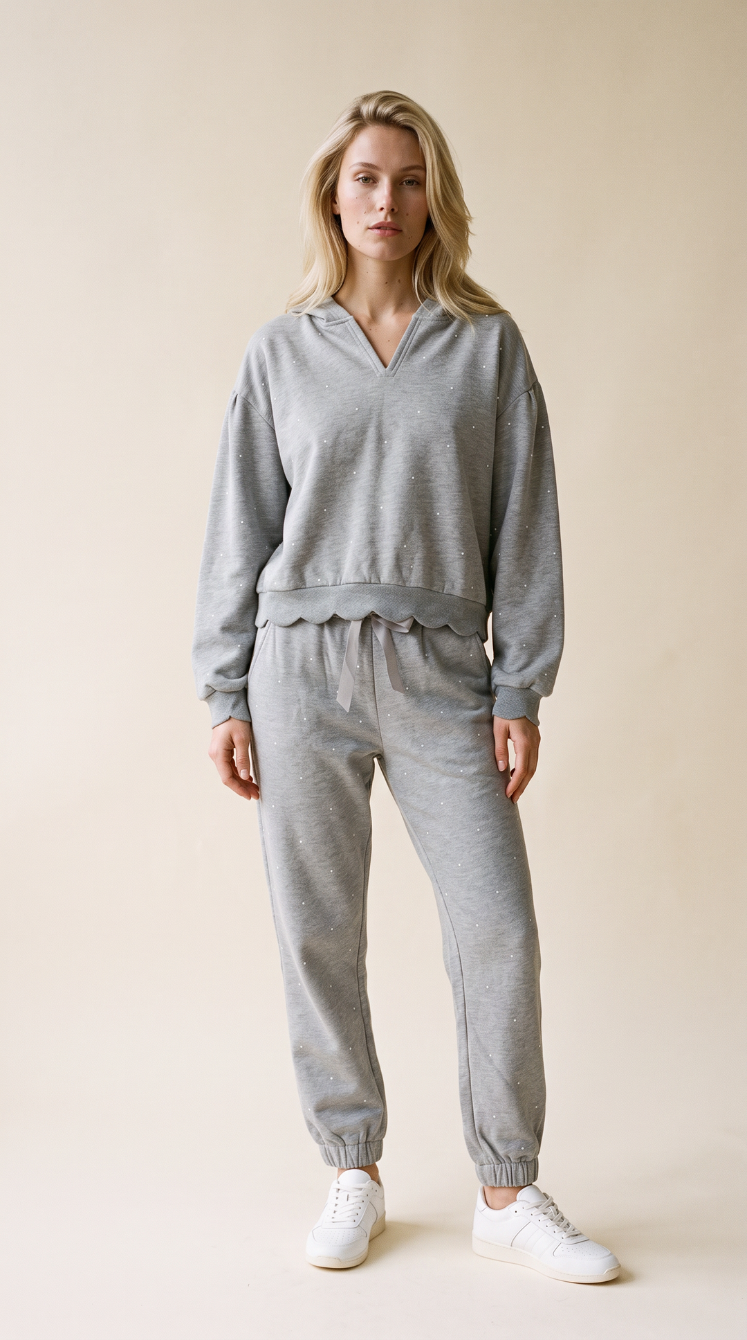 Noemie Hoodie - Printed Fleece Hoodie Grey Dots