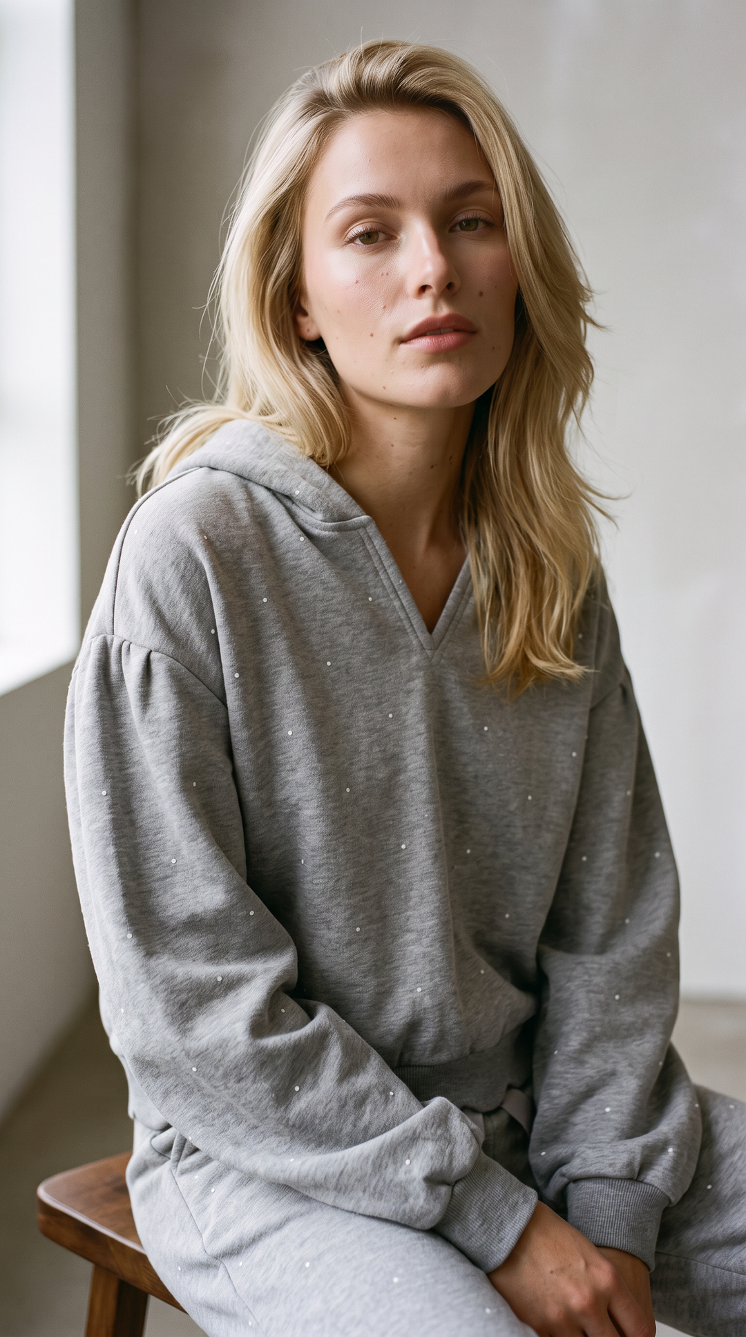 Noemie Hoodie - Printed Fleece Hoodie Grey Dots