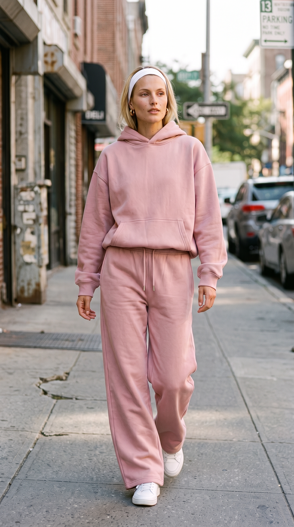 Linden Hoodie Ballet Pink street campaign