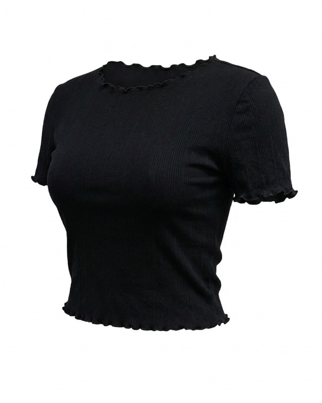 Chrissy Ruffle Hem Tee – Ribbed Cotton Feminine T-Shirt Black