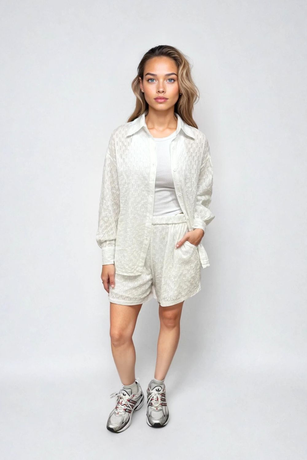 Carlie 2pc Jacquard Cotton Short Set in white
