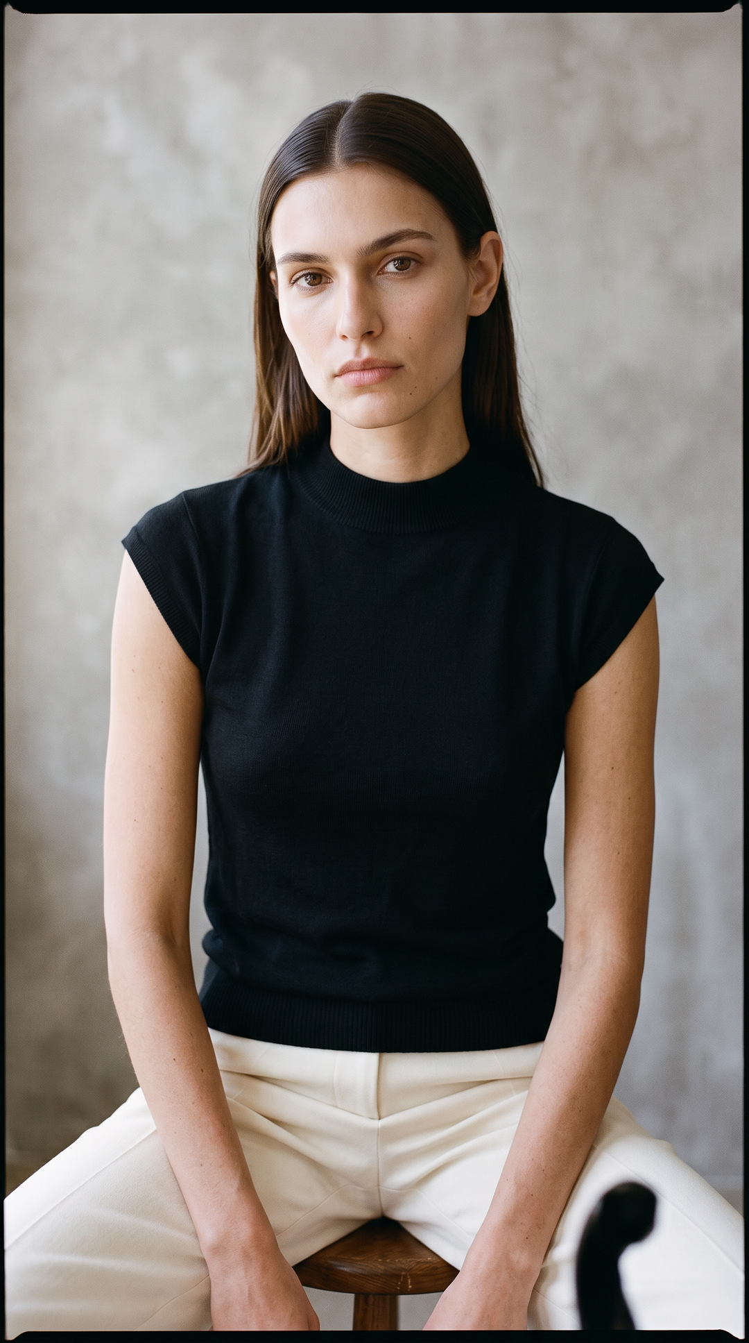 Mable - Mock Neck Cap Sleeve Silky Knit In Black