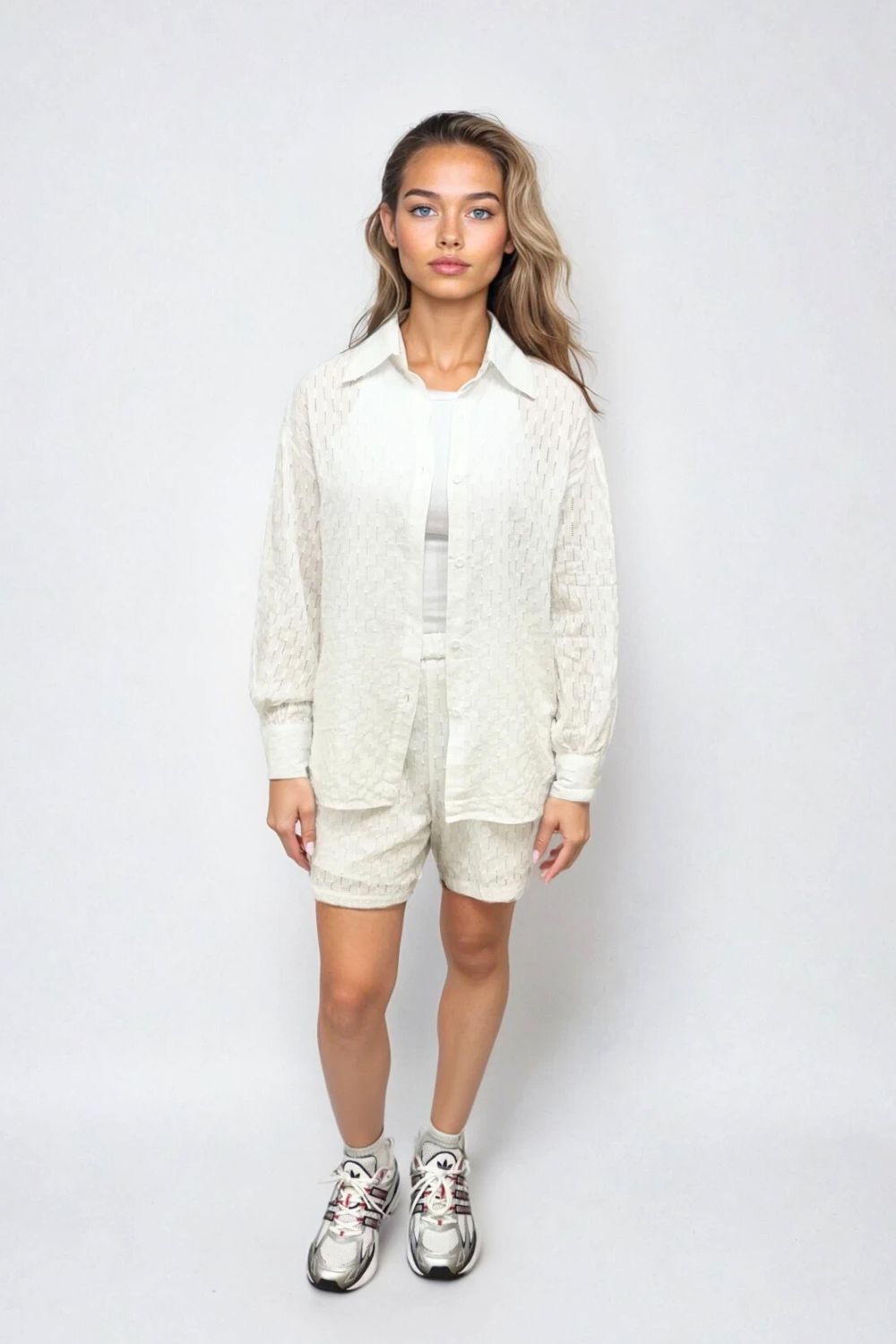 Carlie 2pc Jacquard Cotton Short Set in white