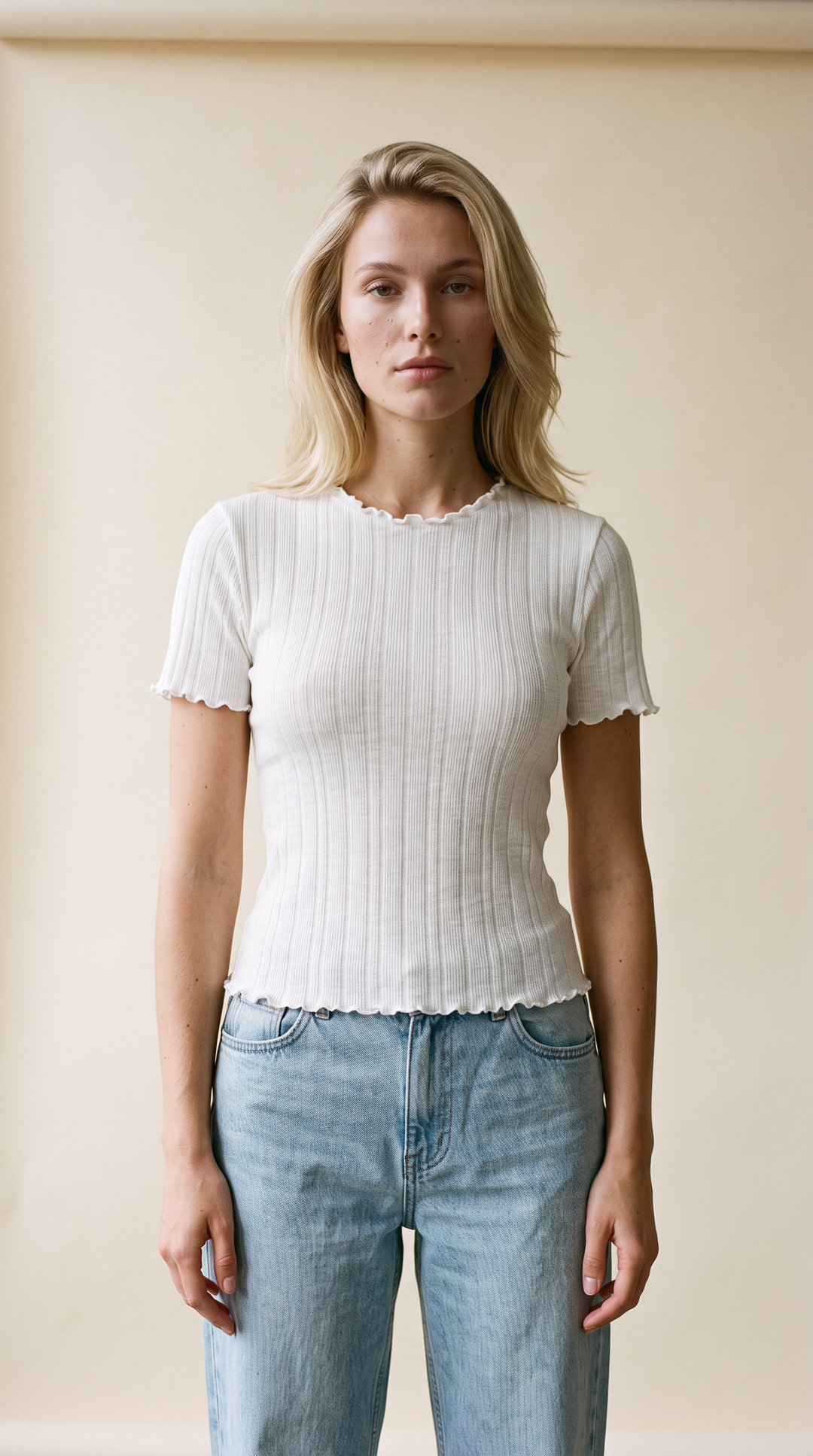 Chrissy - Ruffle Hem Ribbed Cotton Feminine T-Shirt In White