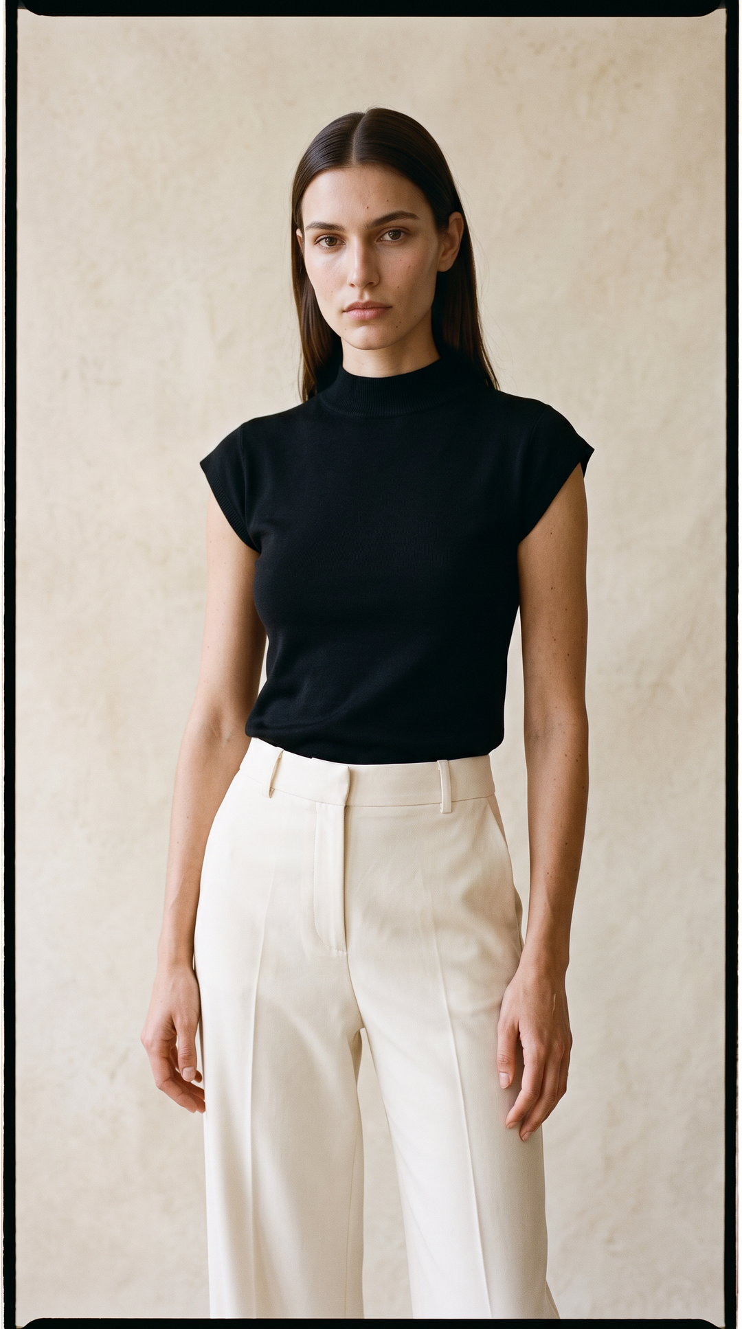 Mable - Mock Neck Cap Sleeve Silky Knit In Black