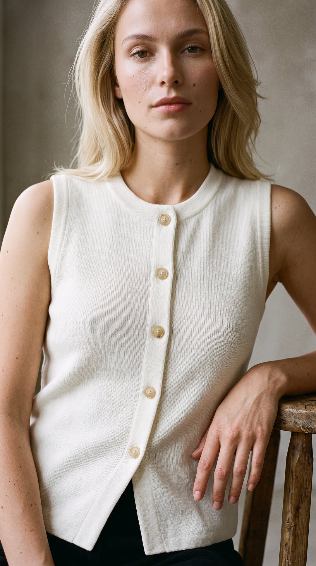 Bezla - Button Front Sleeveless Knit Vest Top In Ivory