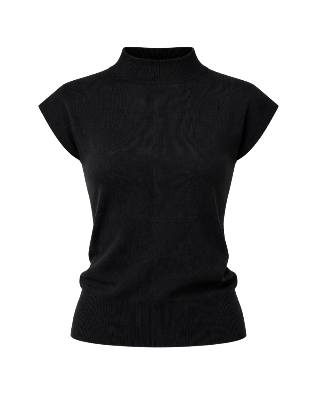 Mable - Mock Neck Cap Sleeve Silky Knit In Black