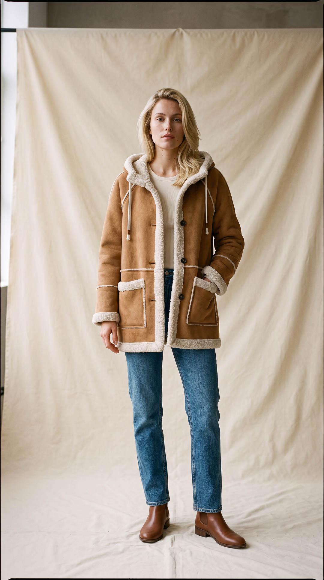 Daphne Button Down Hooded Coat in Camel
