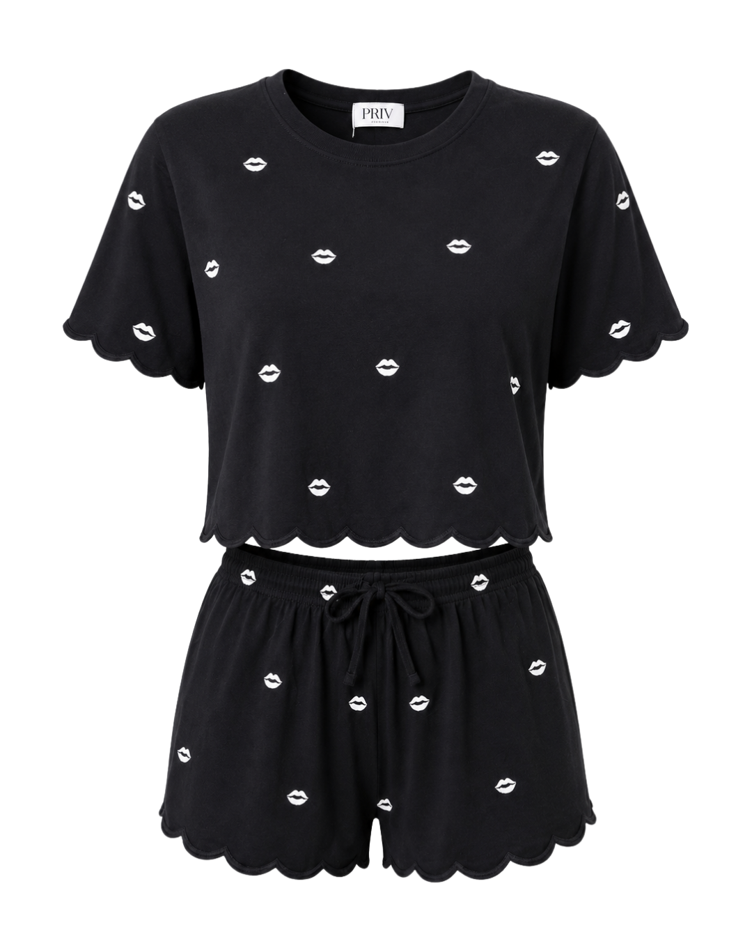Daybreak Summer PJ Set – Scalloped Trim Pajama Set Black Kisses