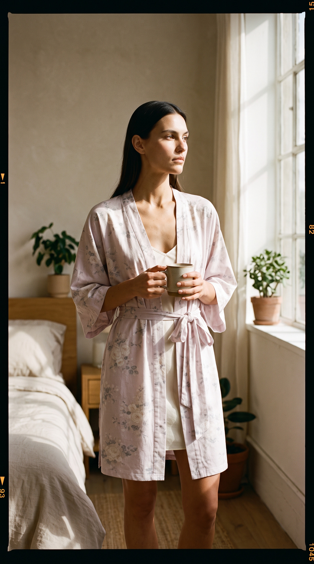 Kimono Robe in White Rose Print