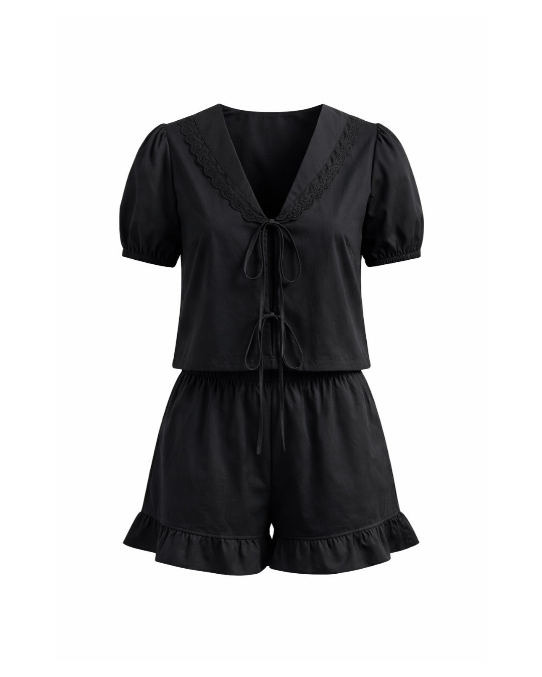 Vivi – Cotton Poplin Tie Front Short Set 2PC In Black