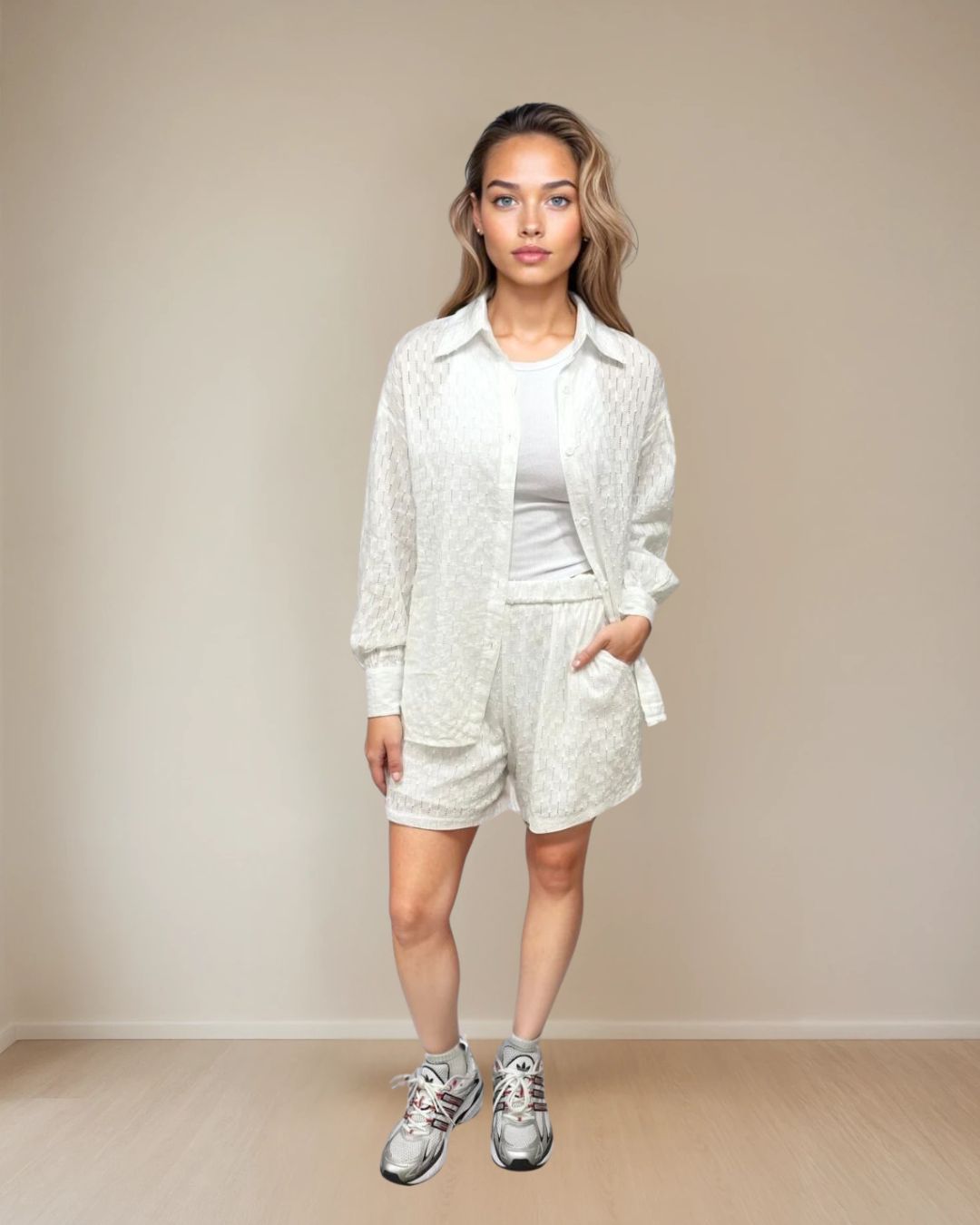 Carlie 2pc Jacquard Cotton Short Set in white