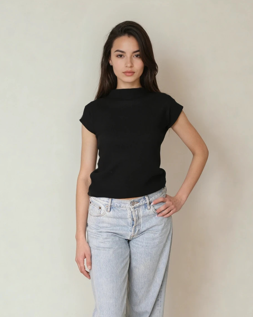 Mable Mock Neck Cap Sleeve Silky Knit in Black