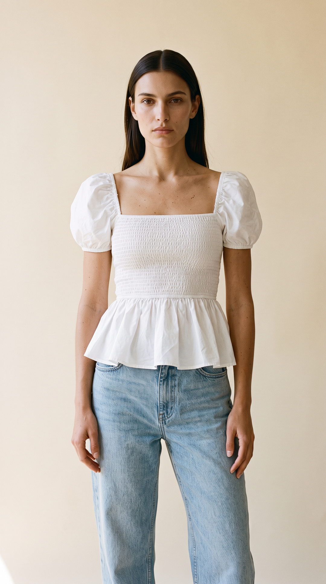 Sera – Cotton Poplin Puff Sleeve Peplum Blouse Top In White