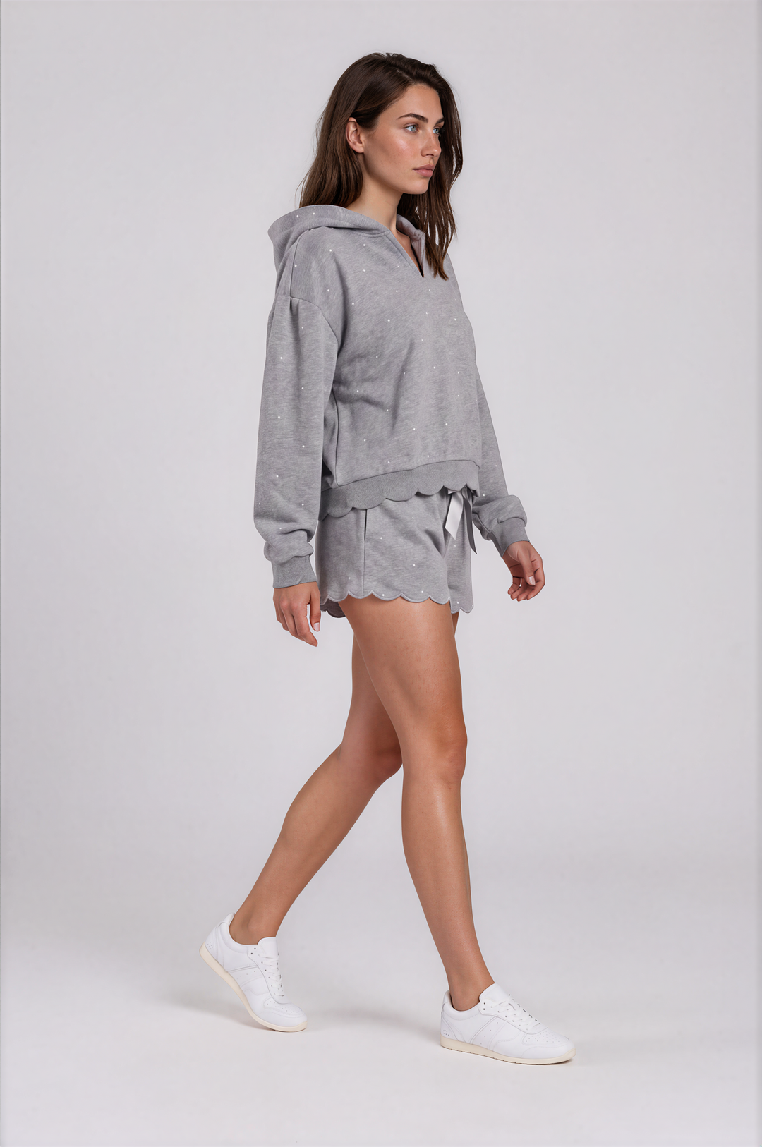 Noemie Hoodie - Printed Fleece Hoodie Grey Dots