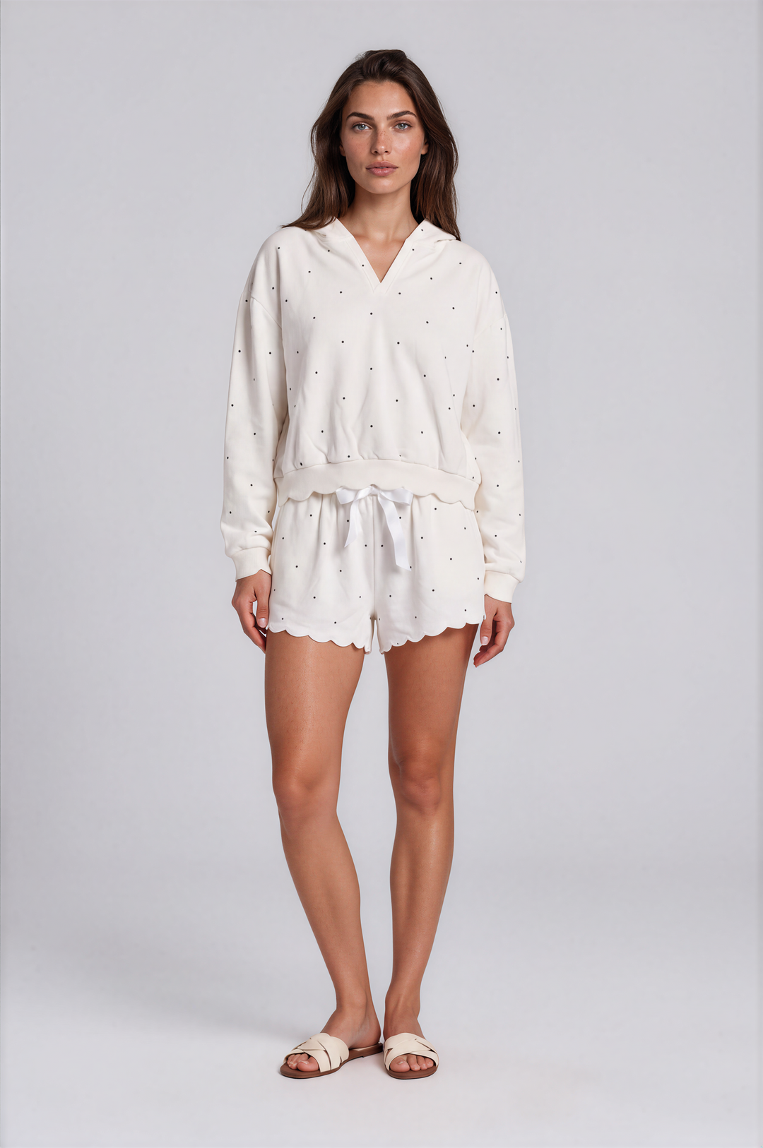 Noemie - Printed Fleece Hoodie In White Dots
