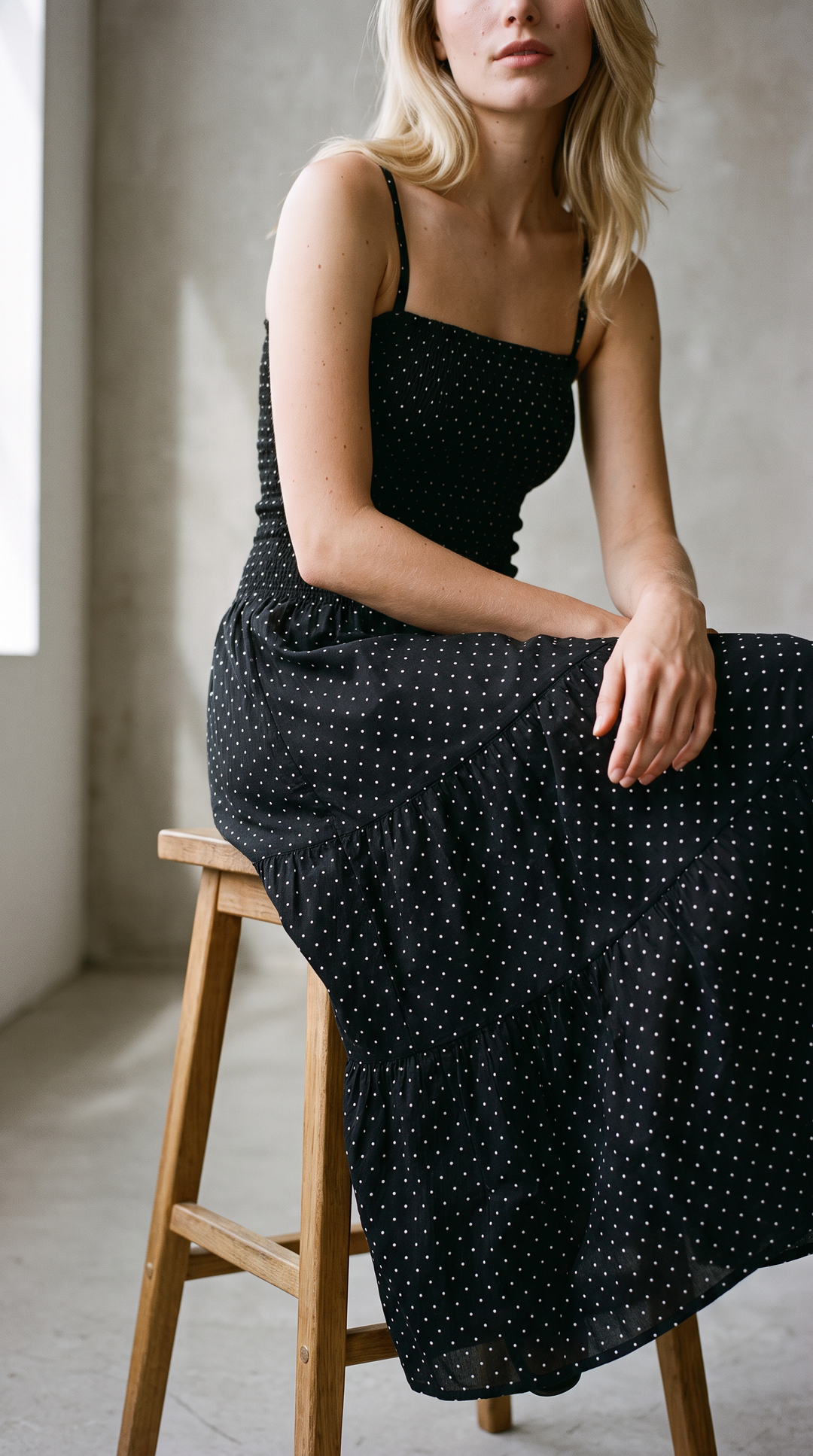 Loralee – Full Length Tiered Maxi Dress In Polkadots