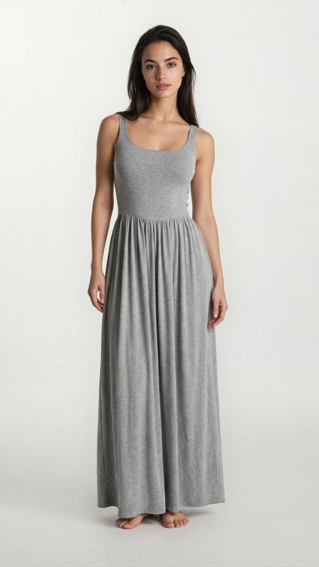 Dawn – Sleeveless Silky Jersey Flowing Maxi Dress In Grey