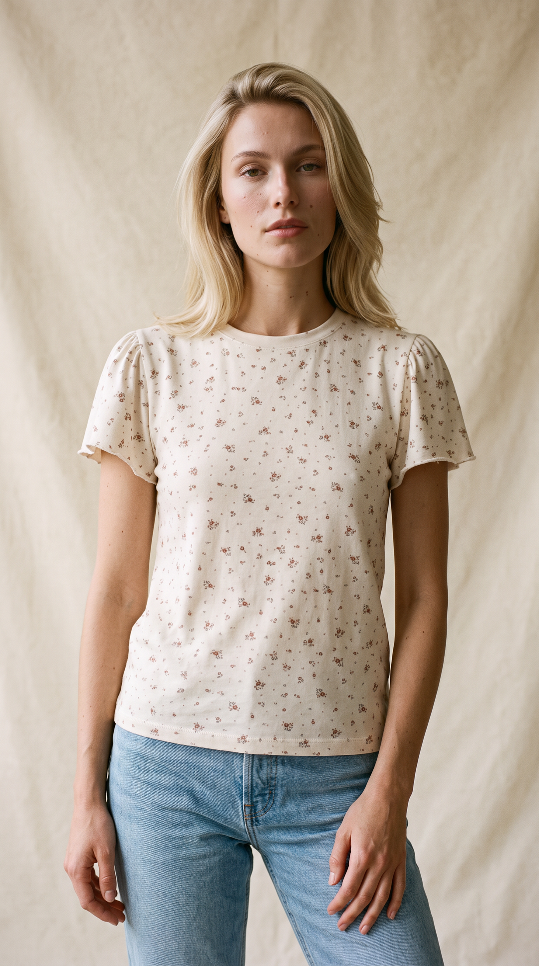 Colette - Ruffle Sleeve Soft Printed Everyday Cotton T-Shirt Red Floral