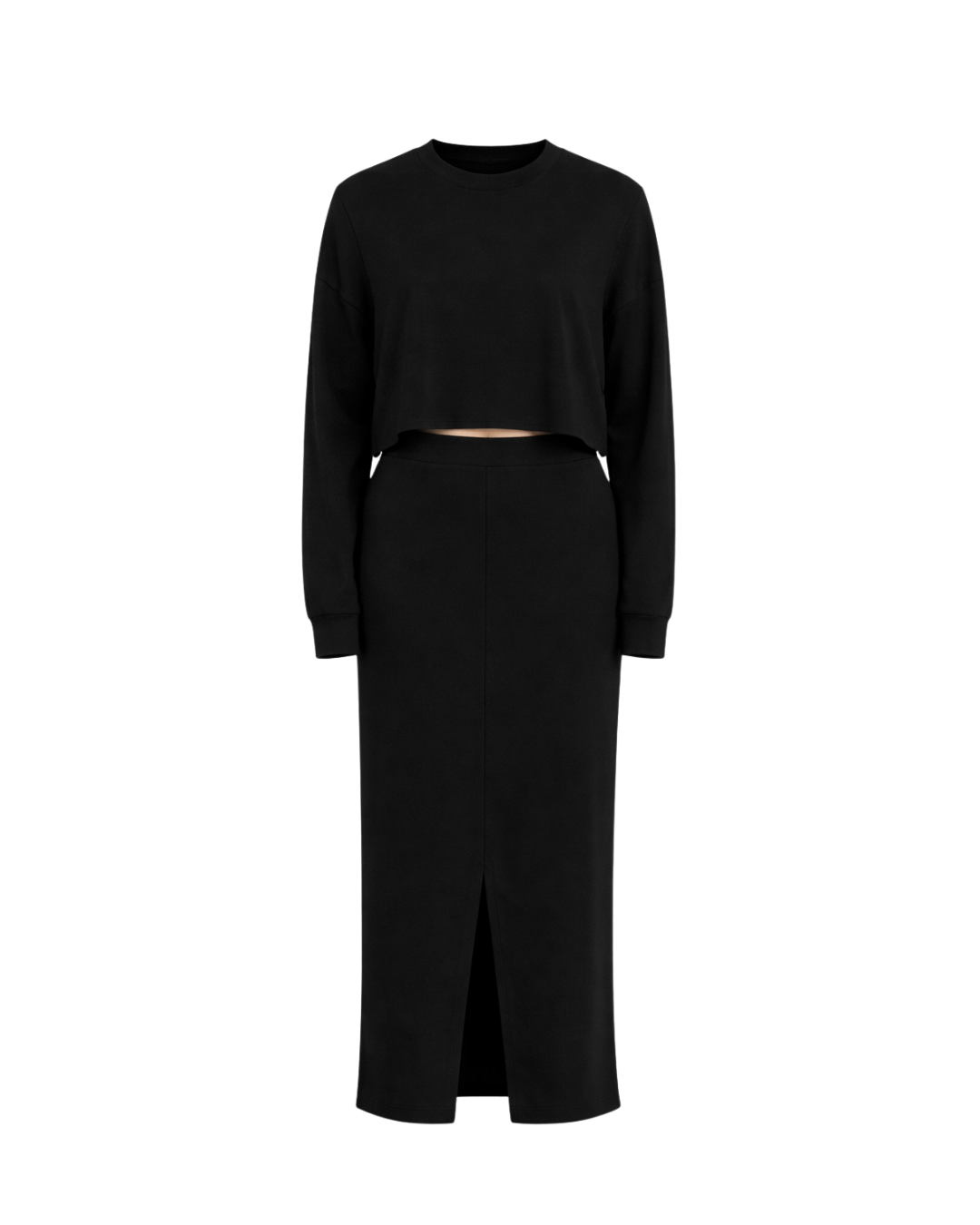 Sunday Luxeflow - Relaxed Crewneck Midi Skirt Set 2PC In Black