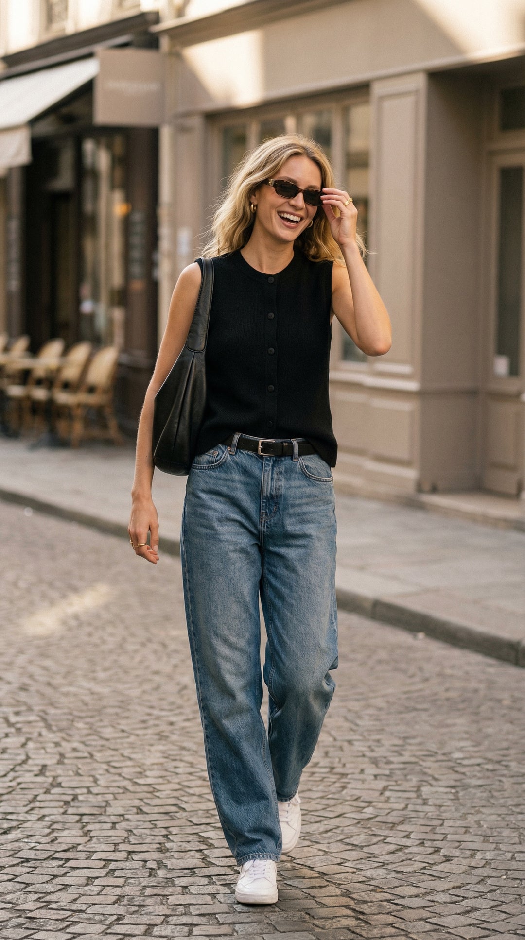 Bezla - Button Front Sleeveless Knit Vest Top In Black