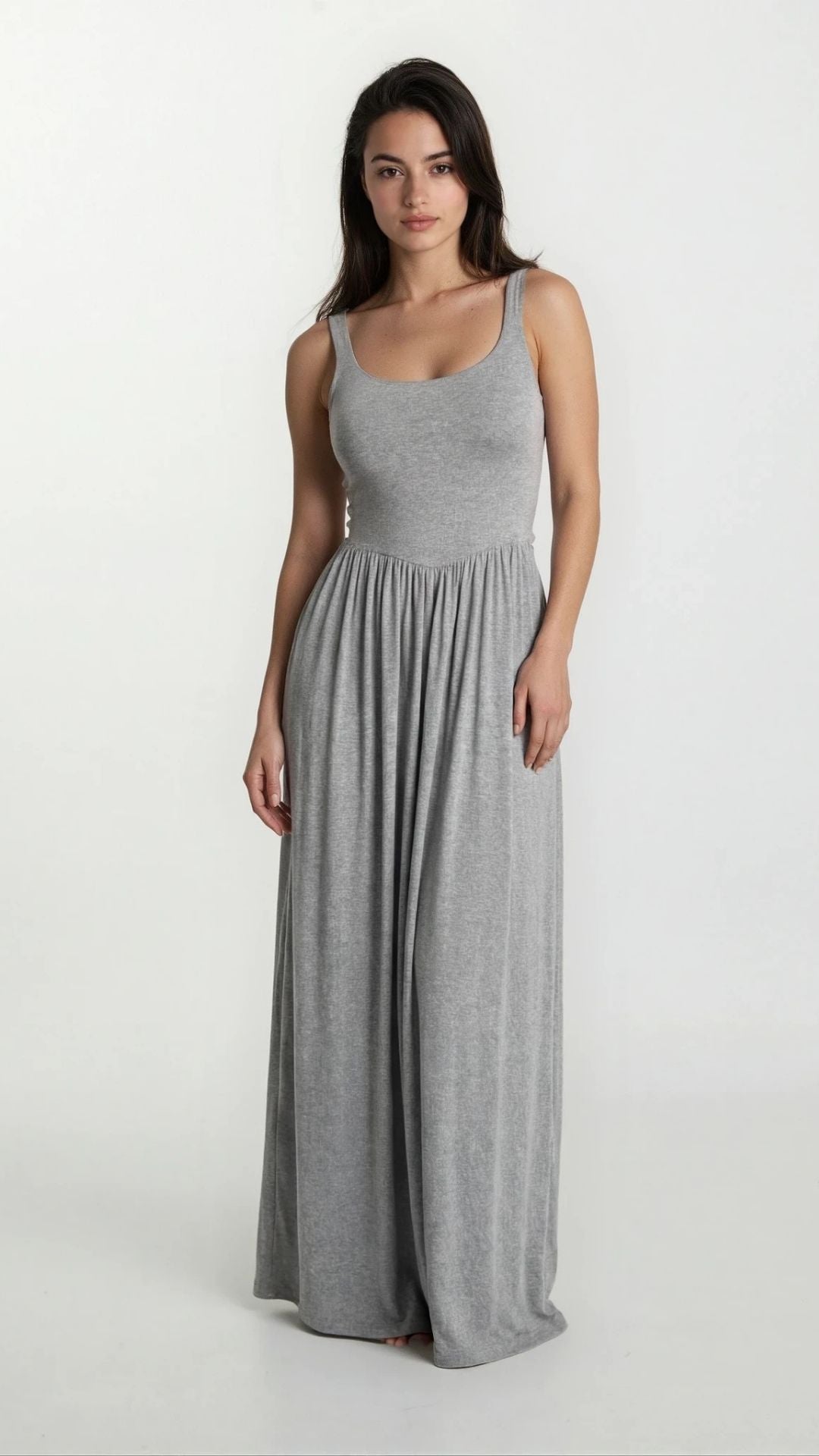 Dawn – Sleeveless Silky Jersey Flowing Maxi Dress In Grey
