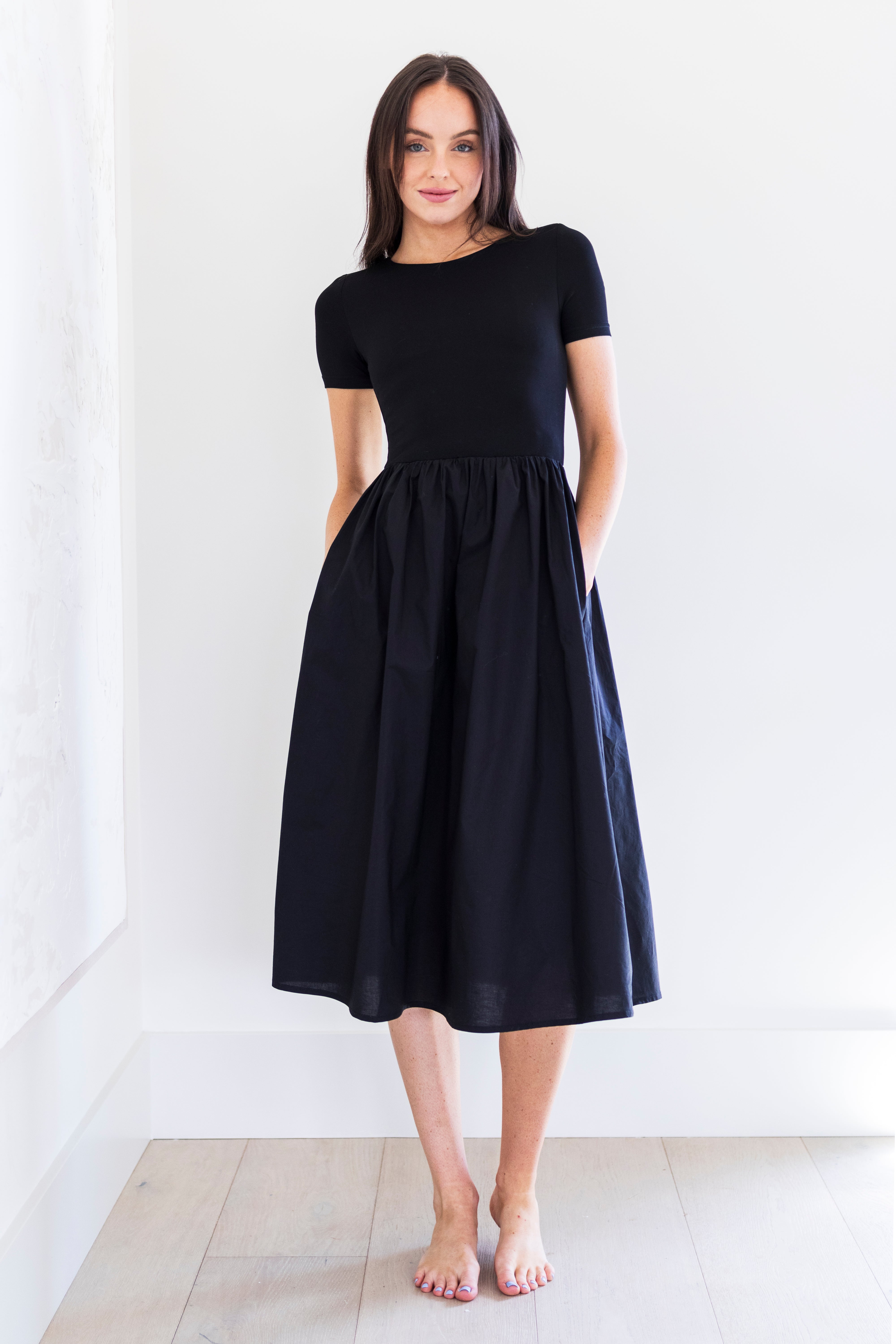 Black short sleeve midi dress clearance
