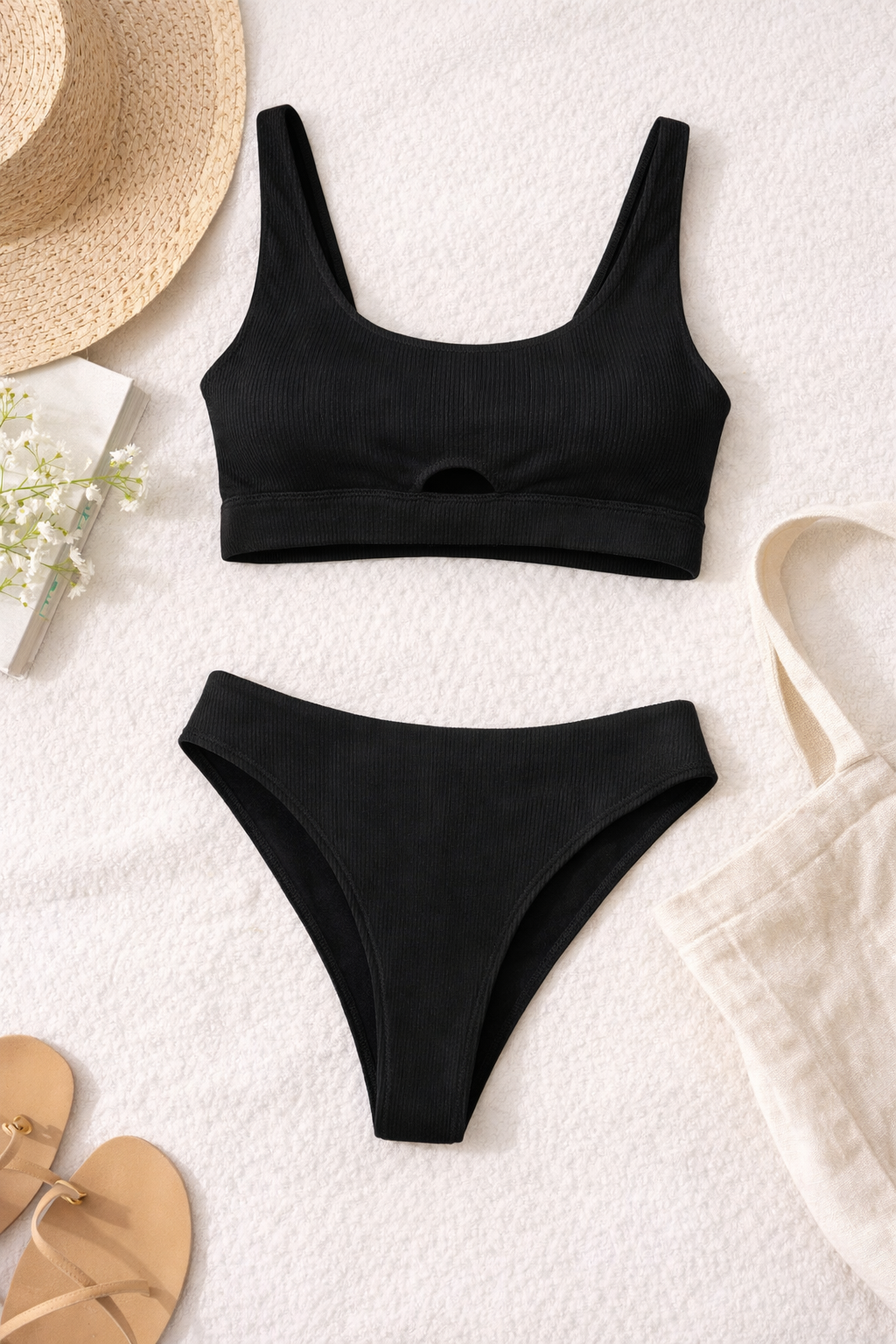 Aster Ribbed Two Piece Swim Set in Black