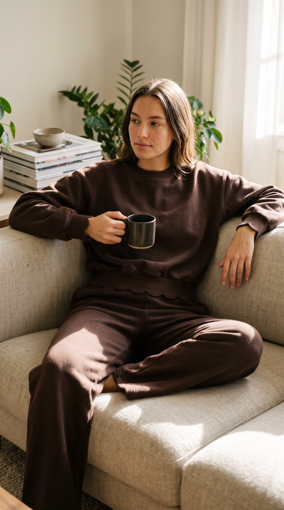 Belle jogger espresso – lifestyle shot – PRIV the Brand