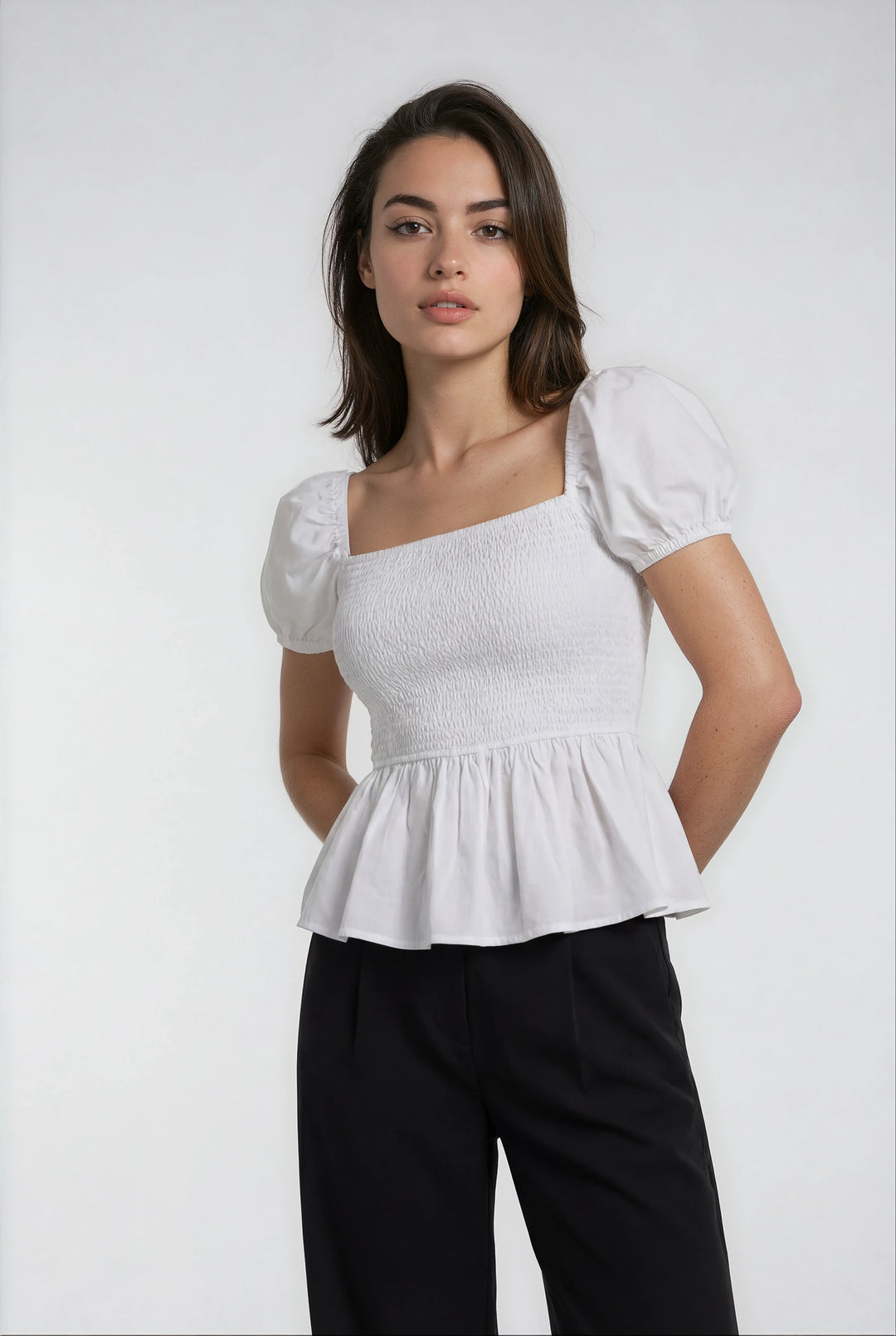 Sera Peplum Blouse – Cotton Poplin Puff Sleeve Top white
