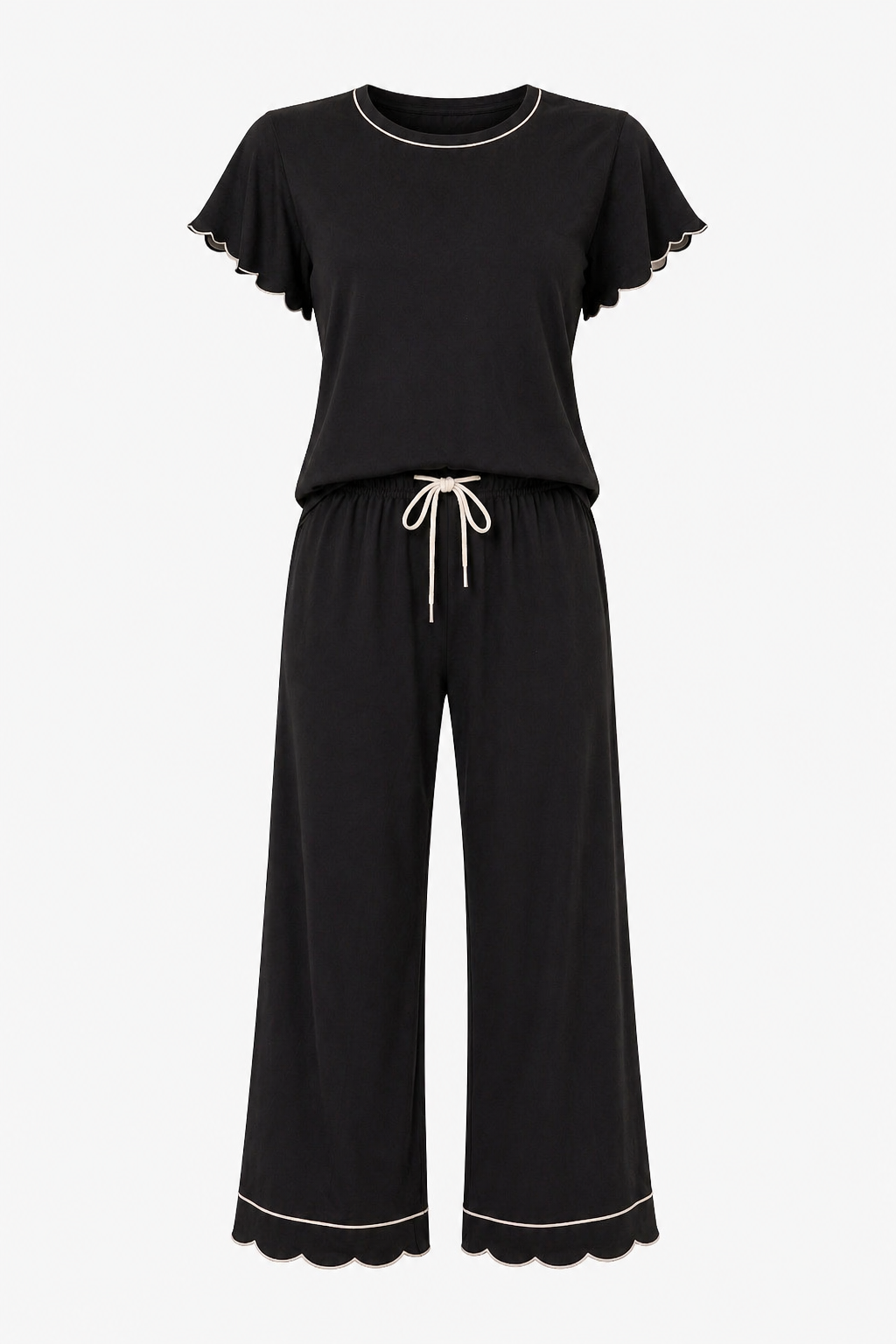 Rosewood silky PJ set in black with ivory piping – bamboo-modal sleepwear by PRIV the Brand